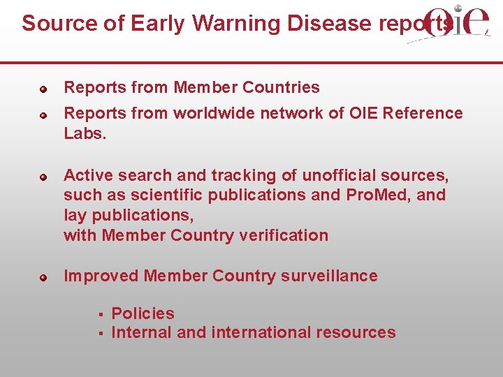 Source of Early Warning Disease reports Reports from Member Countries Reports from worldwide network