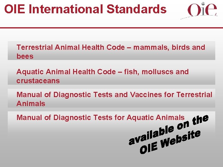 OIE International Standards Terrestrial Animal Health Code – mammals, birds and bees Aquatic Animal