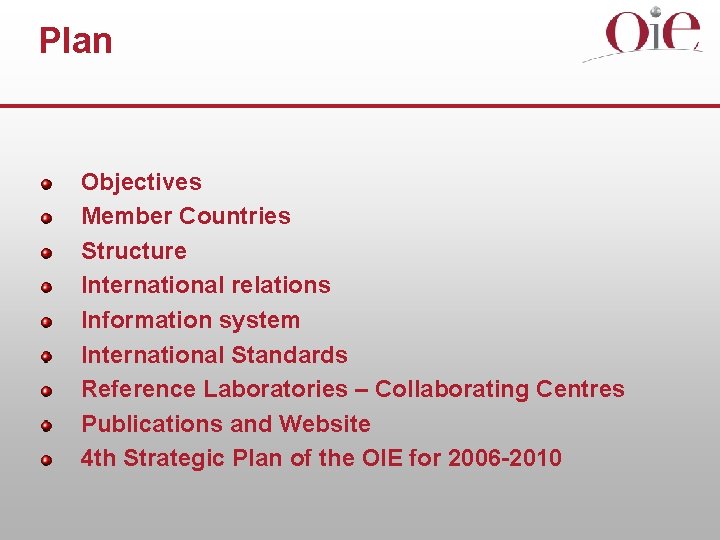 Plan Objectives Member Countries Structure International relations Information system International Standards Reference Laboratories –