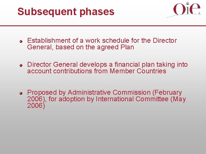 Subsequent phases Establishment of a work schedule for the Director General, based on the