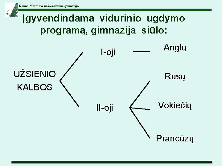 Kauno Maironio universitetinė gimnazija Įgyvendindama vidurinio ugdymo programą, gimnazija siūlo: I-oji UŽSIENIO KALBOS Anglų