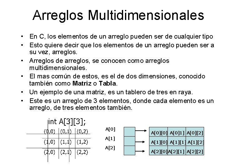 Arreglos Multidimensionales • En C, los elementos de un arreglo pueden ser de cualquier