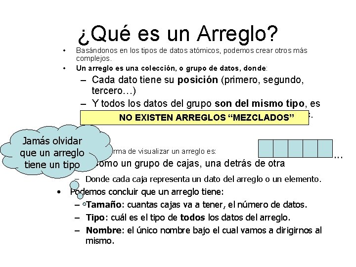 ¿Qué es un Arreglo? • • Basándonos en los tipos de datos atómicos, podemos