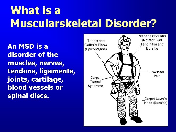 What is a Muscularskeletal Disorder? An MSD is a disorder of the muscles, nerves,