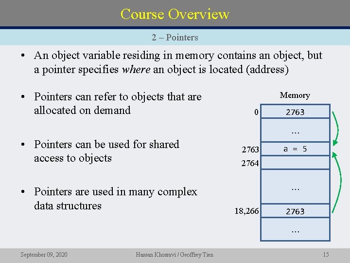 Course Overview 2 – Pointers • An object variable residing in memory contains an