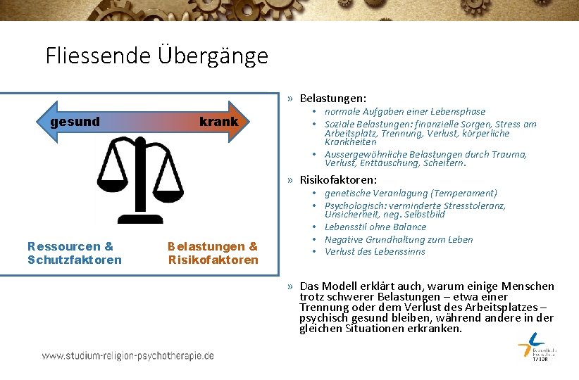 Fliessende Übergänge » Belastungen: gesund krank • normale Aufgaben einer Lebensphase • Soziale Belastungen: