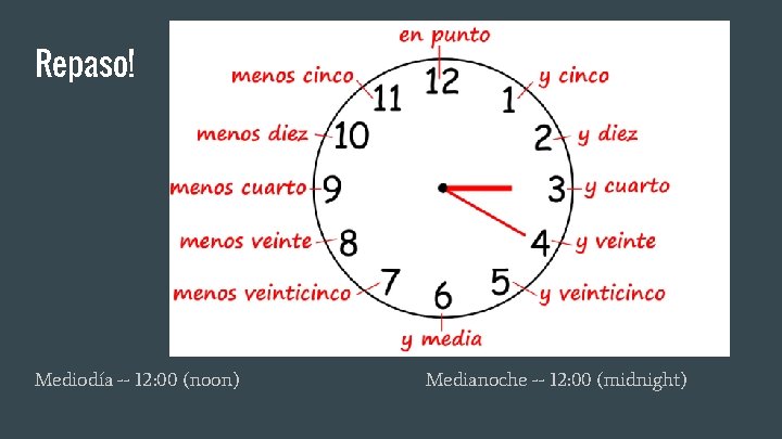 Repaso! Mediodía -- 12: 00 (noon) Medianoche -- 12: 00 (midnight) Repaso! Mediodía -- 12: 00 (noon) Medianoche -- 12: 00 (midnight)