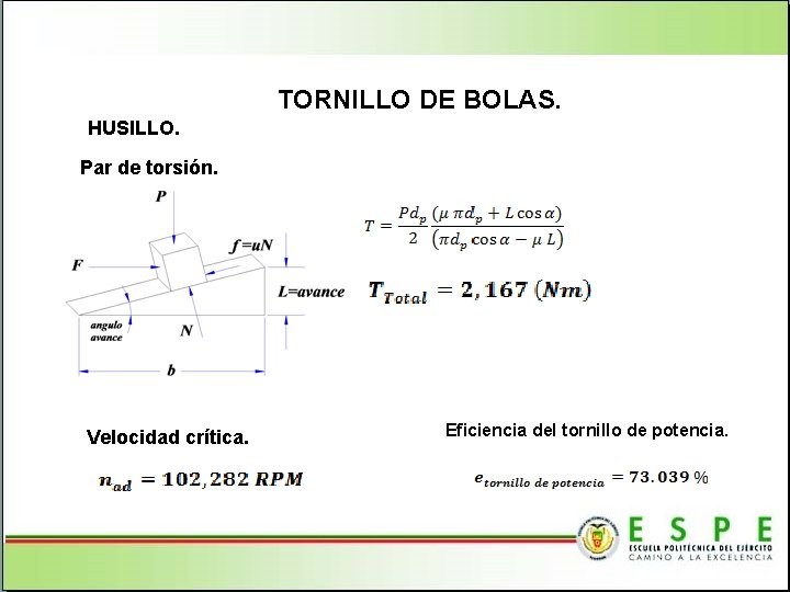 TORNILLO DE BOLAS. HUSILLO. Par de torsión. Velocidad crítica. Eficiencia del tornillo de potencia.