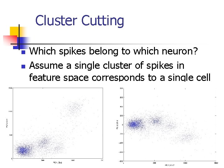 Cluster Cutting n n Which spikes belong to which neuron? Assume a single cluster