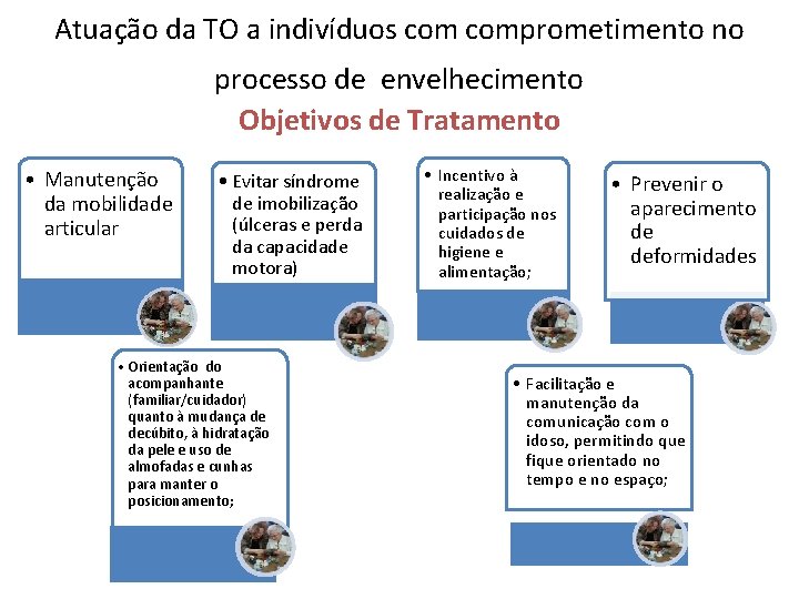 Atuação da TO a indivíduos comprometimento no processo de envelhecimento Objetivos de Tratamento •