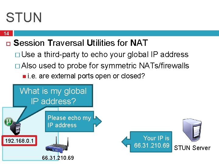 STUN 14 Session Traversal Utilities for NAT � Use a third-party to echo your