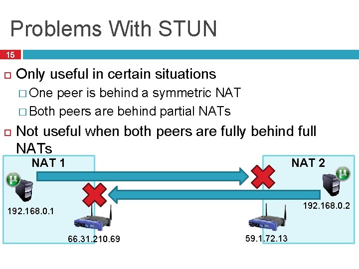 Problems With STUN 15 Only useful in certain situations � One peer is behind