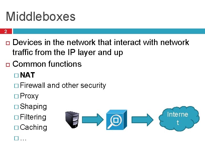 Middleboxes 2 Devices in the network that interact with network traffic from the IP