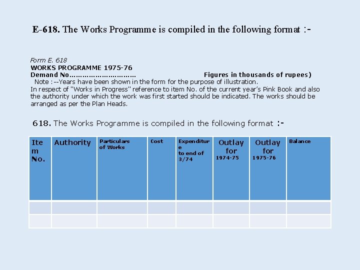 E-618. The Works Programme is compiled in the following format : Form E. 618