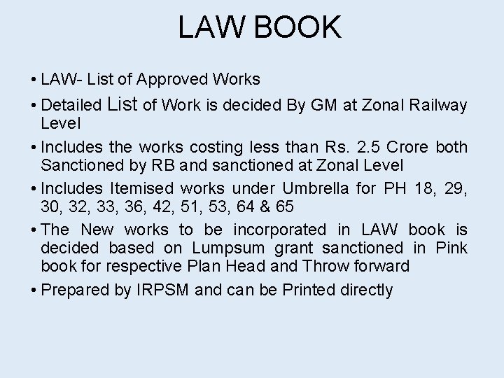 LAW BOOK • LAW- List of Approved Works • Detailed List of Work is