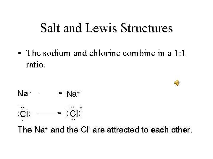Salt and Lewis Structures • The sodium and chlorine combine in a 1: 1