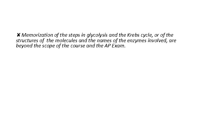 ✘Memorization of the steps in glycolysis and the Krebs cycle, or of the structures