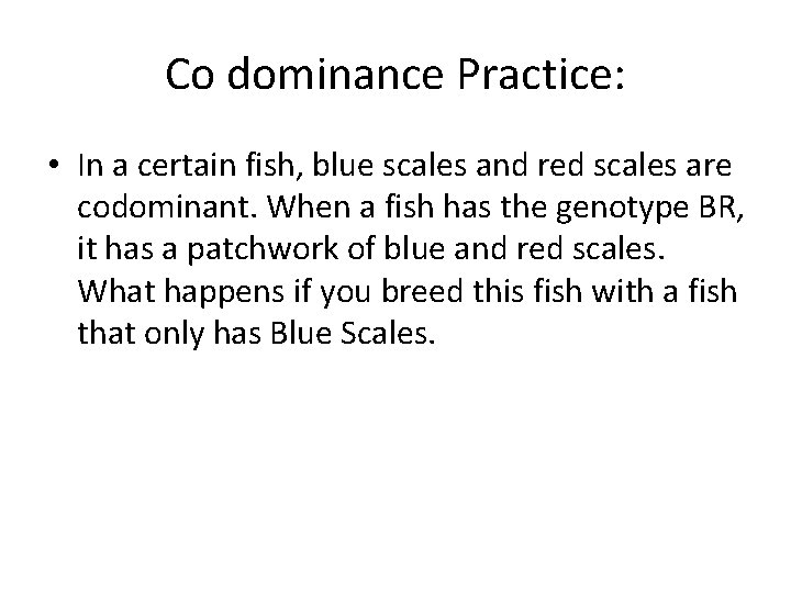 Co dominance Practice: • In a certain fish, blue scales and red scales are