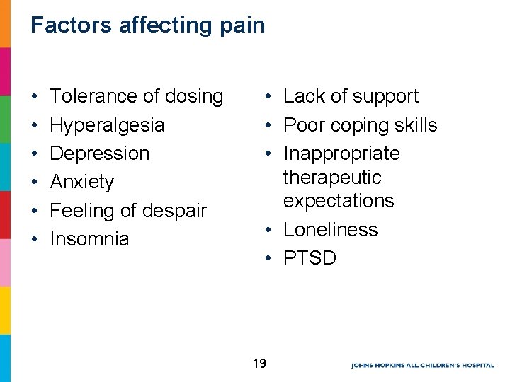 Factors affecting pain • • • Tolerance of dosing Hyperalgesia Depression Anxiety Feeling of Factors affecting pain • • • Tolerance of dosing Hyperalgesia Depression Anxiety Feeling of