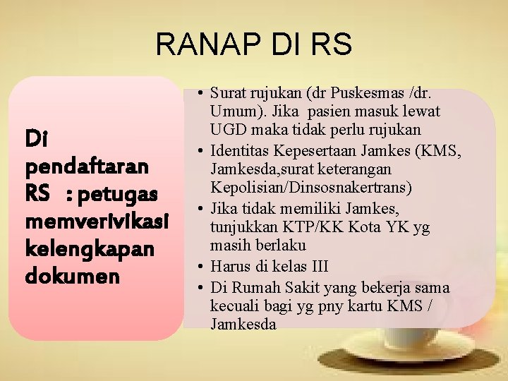 RANAP DI RS Di pendaftaran RS : petugas memverivikasi kelengkapan dokumen • Surat rujukan