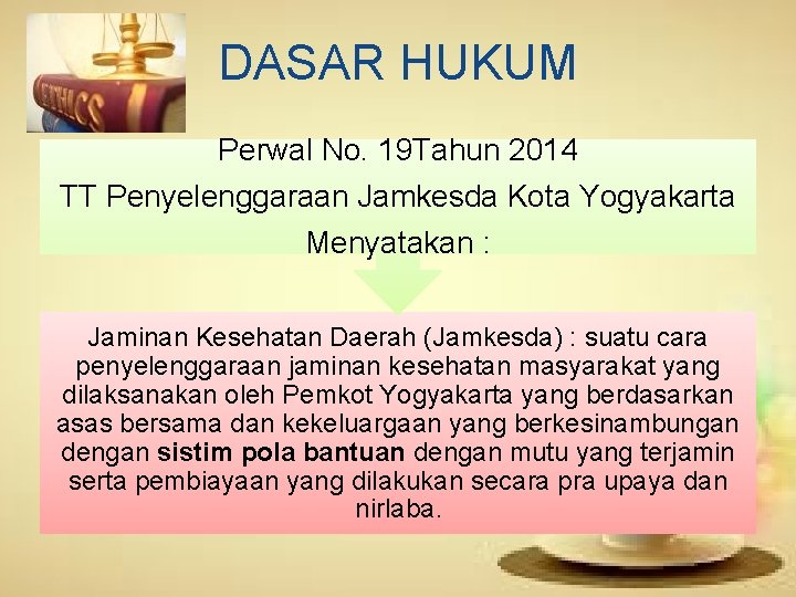 DASAR HUKUM Perwal No. 19 Tahun 2014 TT Penyelenggaraan Jamkesda Kota Yogyakarta Menyatakan :