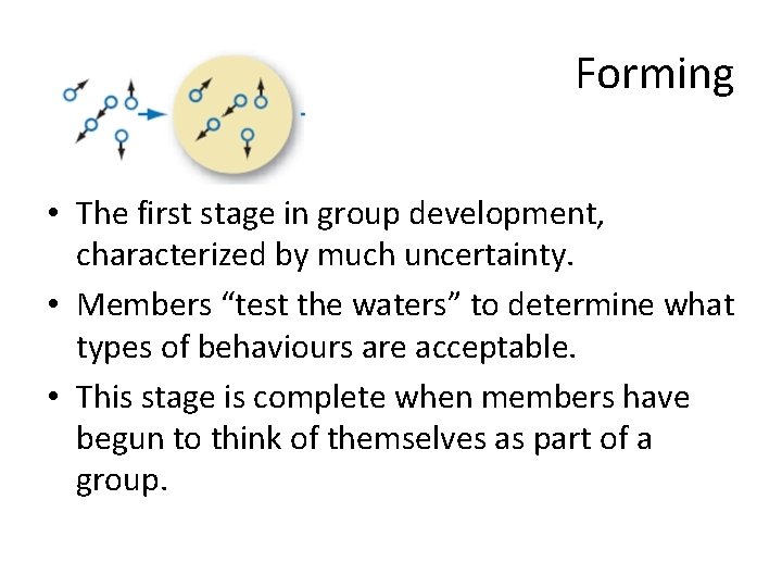 Forming • The first stage in group development, characterized by much uncertainty. • Members