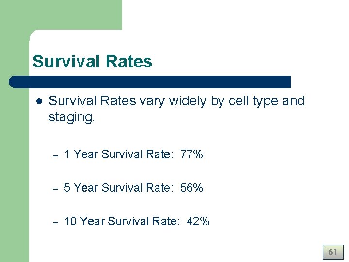 Survival Rates l Survival Rates vary widely by cell type and staging. – 1 Survival Rates l Survival Rates vary widely by cell type and staging. – 1