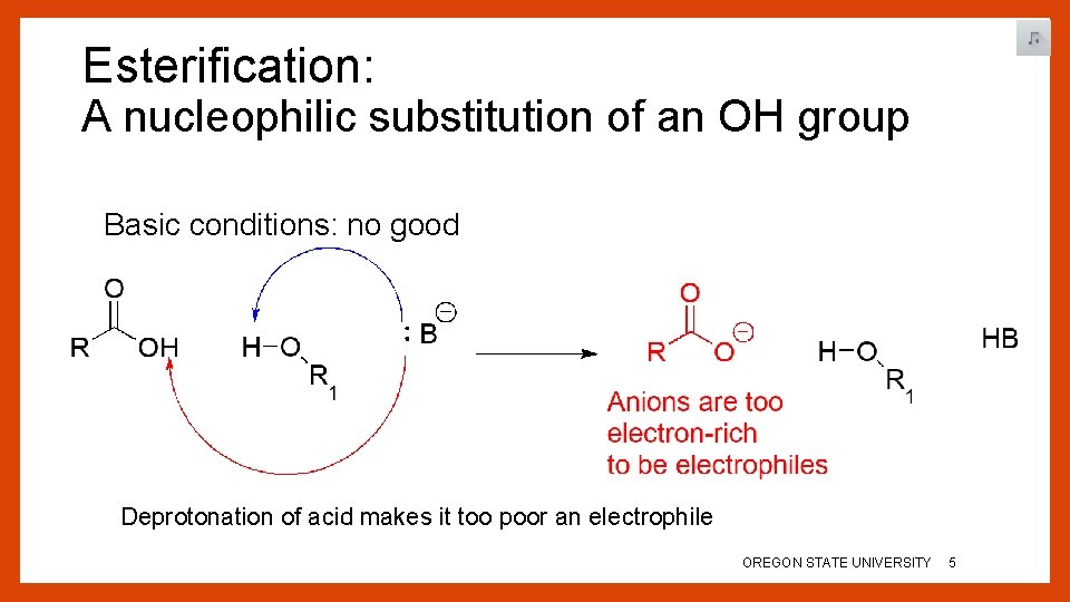 Esterification: A nucleophilic substitution of an OH group Basic conditions: no good Deprotonation of