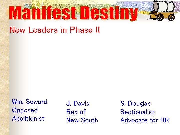 New Leaders in Phase II Wm. Seward Opposed Abolitionist J. Davis Rep of New New Leaders in Phase II Wm. Seward Opposed Abolitionist J. Davis Rep of New