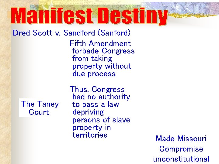 Dred Scott v. Sandford (Sanford) Fifth Amendment forbade Congress from taking property without due Dred Scott v. Sandford (Sanford) Fifth Amendment forbade Congress from taking property without due