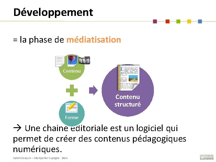 Développement = la phase de médiatisation Contenu structuré Forme Une chaine éditoriale est un