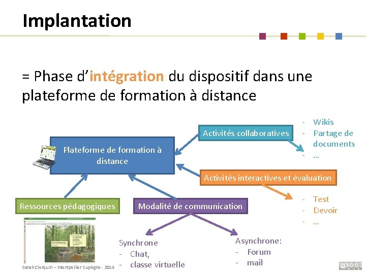 Implantation = Phase d’intégration du dispositif dans une plateforme de formation à distance Activités