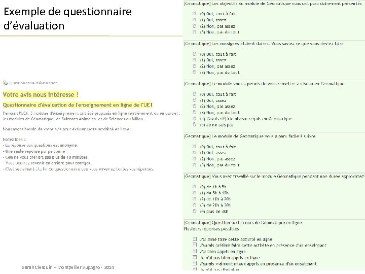 Exemple de questionnaire d’évaluation Sarah Clerquin – Montpellier Sup. Agro - 2014 