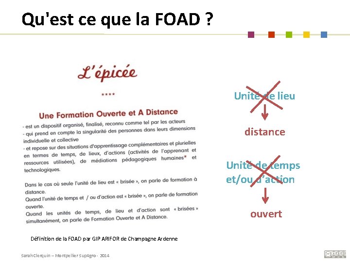 Qu'est ce que la FOAD ? Unité de lieu distance Unité de temps et/ou