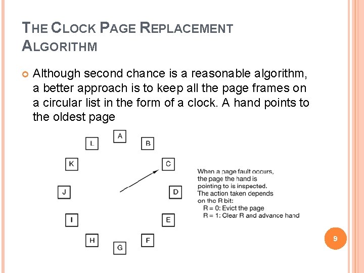 THE CLOCK PAGE REPLACEMENT ALGORITHM Although second chance is a reasonable algorithm, a better