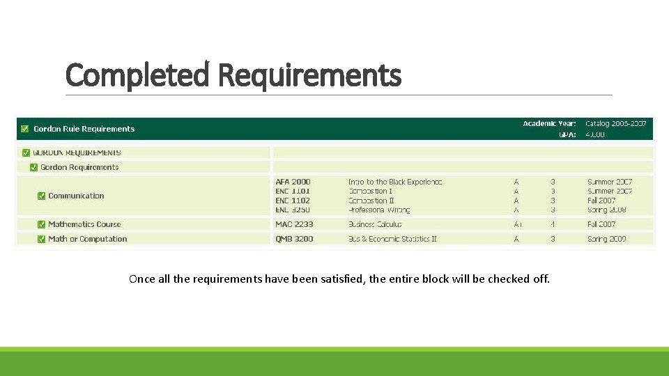 Completed Requirements Once all the requirements have been satisfied, the entire block will be Completed Requirements Once all the requirements have been satisfied, the entire block will be