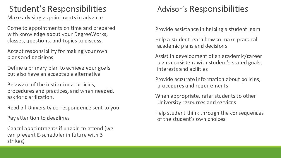 Student’s Responsibilities Make advising appointments in advance Come to appointments on time and prepared Student’s Responsibilities Make advising appointments in advance Come to appointments on time and prepared