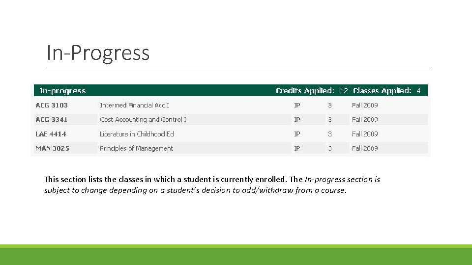 In-Progress This section lists the classes in which a student is currently enrolled. The In-Progress This section lists the classes in which a student is currently enrolled. The