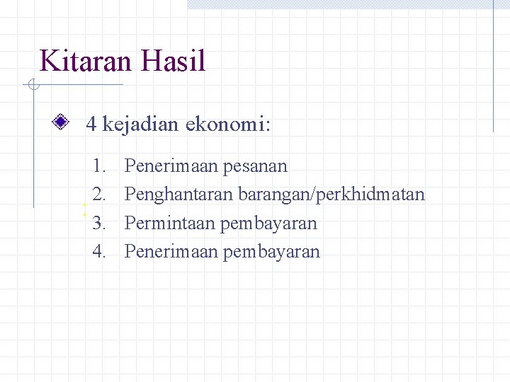 Kitaran Hasil 4 kejadian ekonomi: 1. 2. : 3. 4. Penerimaan pesanan Penghantaran barangan/perkhidmatan