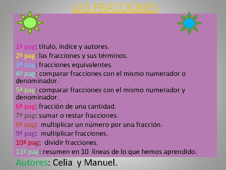 LAS FRACCIONES ÍNDICE: 1ª pag: título, índice y autores. 2ª pag: las fracciones y