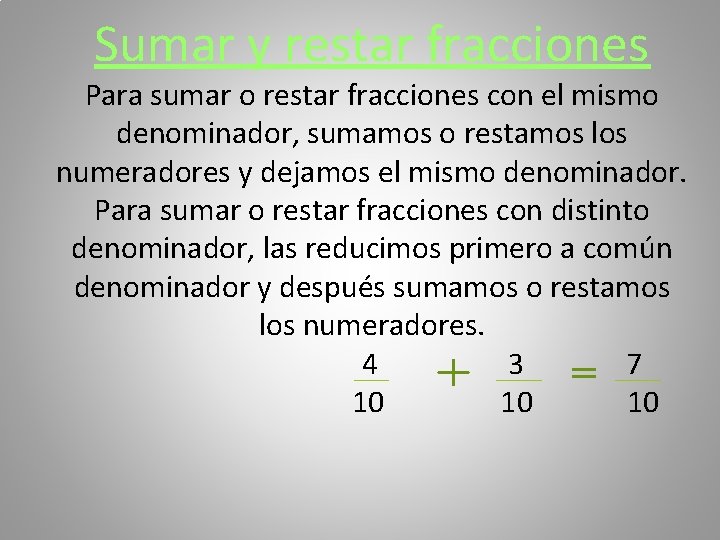 Sumar y restar fracciones Para sumar o restar fracciones con el mismo denominador, sumamos