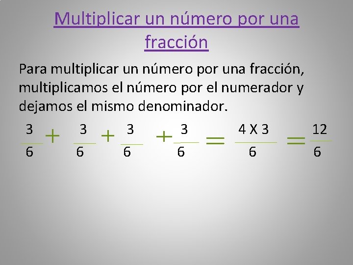 Multiplicar un número por una fracción Para multiplicar un número por una fracción, multiplicamos