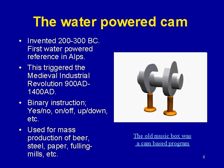 The water powered cam • Invented 200 -300 BC. First water powered reference in