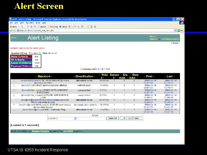 Alert Screen UTSA IS 6353 Incident Response 