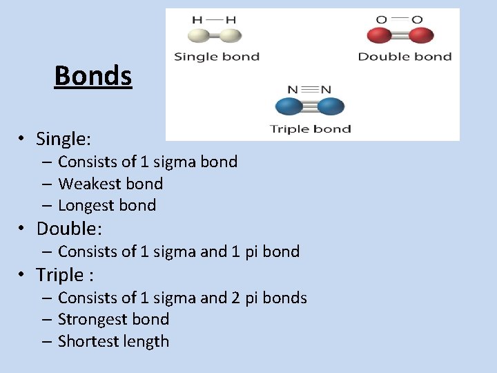 Bonds • Single: – Consists of 1 sigma bond – Weakest bond – Longest