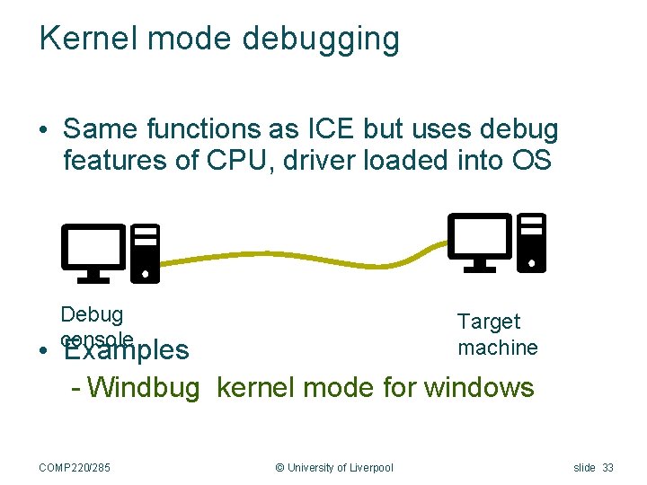 Kernel mode debugging • Same functions as ICE but uses debug features of CPU,