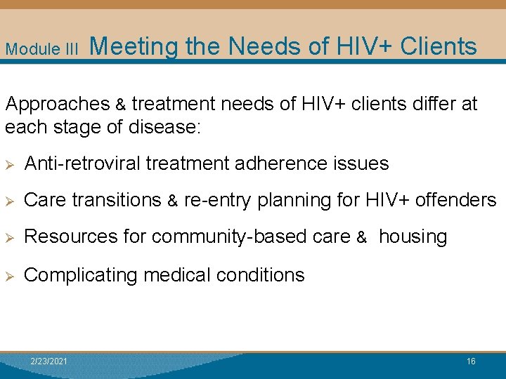 Module III Meeting the Needs of HIV+ Clients Approaches & treatment needs of HIV+