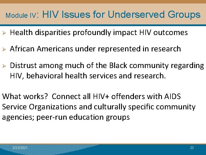 Module IV: HIV Issues for Underserved Groups Module I: Research Ø Health disparities profoundly