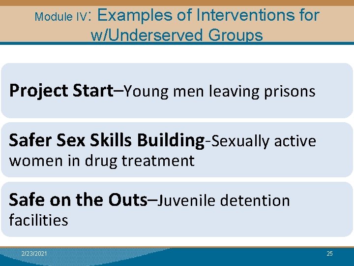 Module IV: Examples of Interventions for w/Underserved Groups Module I: Research Project Start–Young men