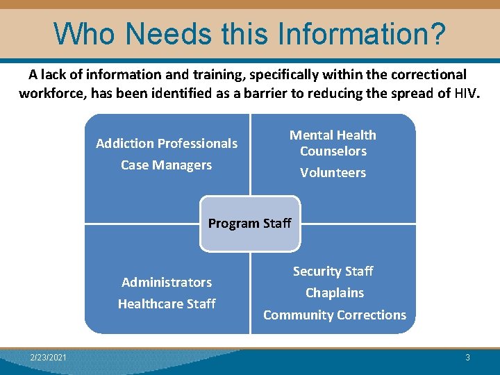 Who Needs this Information? A lack of information and training, specifically within the correctional